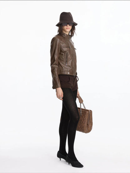 LYUOCHENG Vintage Brown Motorcycle Jacket With Wide Shoulder