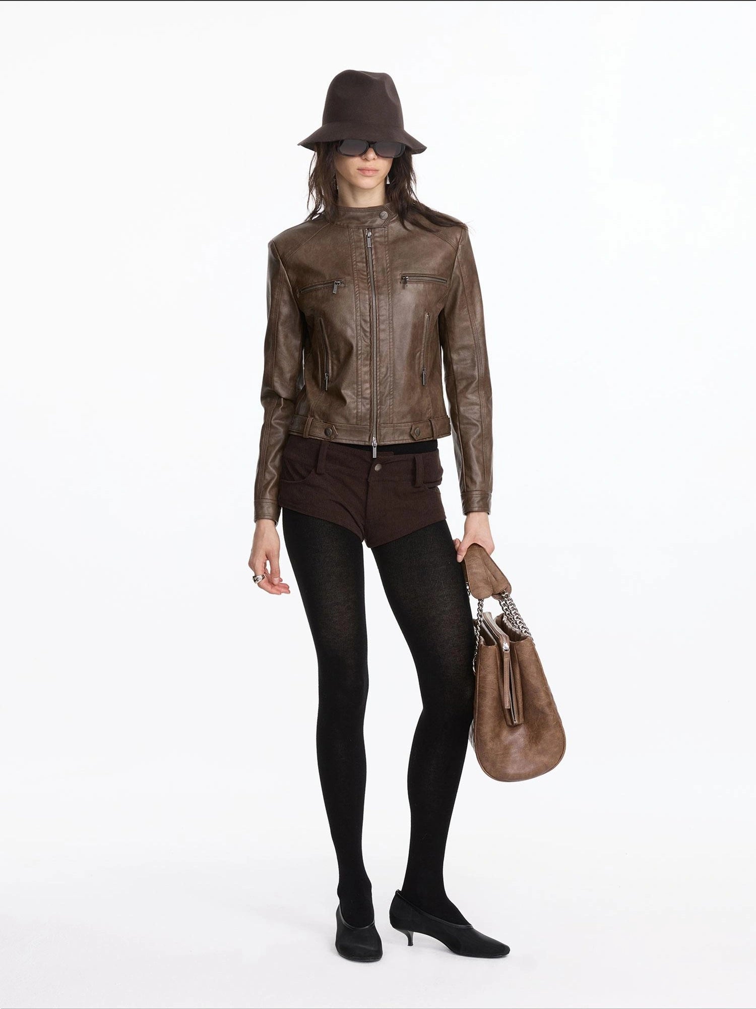 LYUOCHENG Vintage Brown Motorcycle Jacket With Wide Shoulder