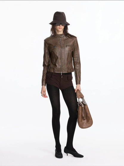 LYUOCHENG Vintage Brown Motorcycle Jacket With Wide Shoulder
