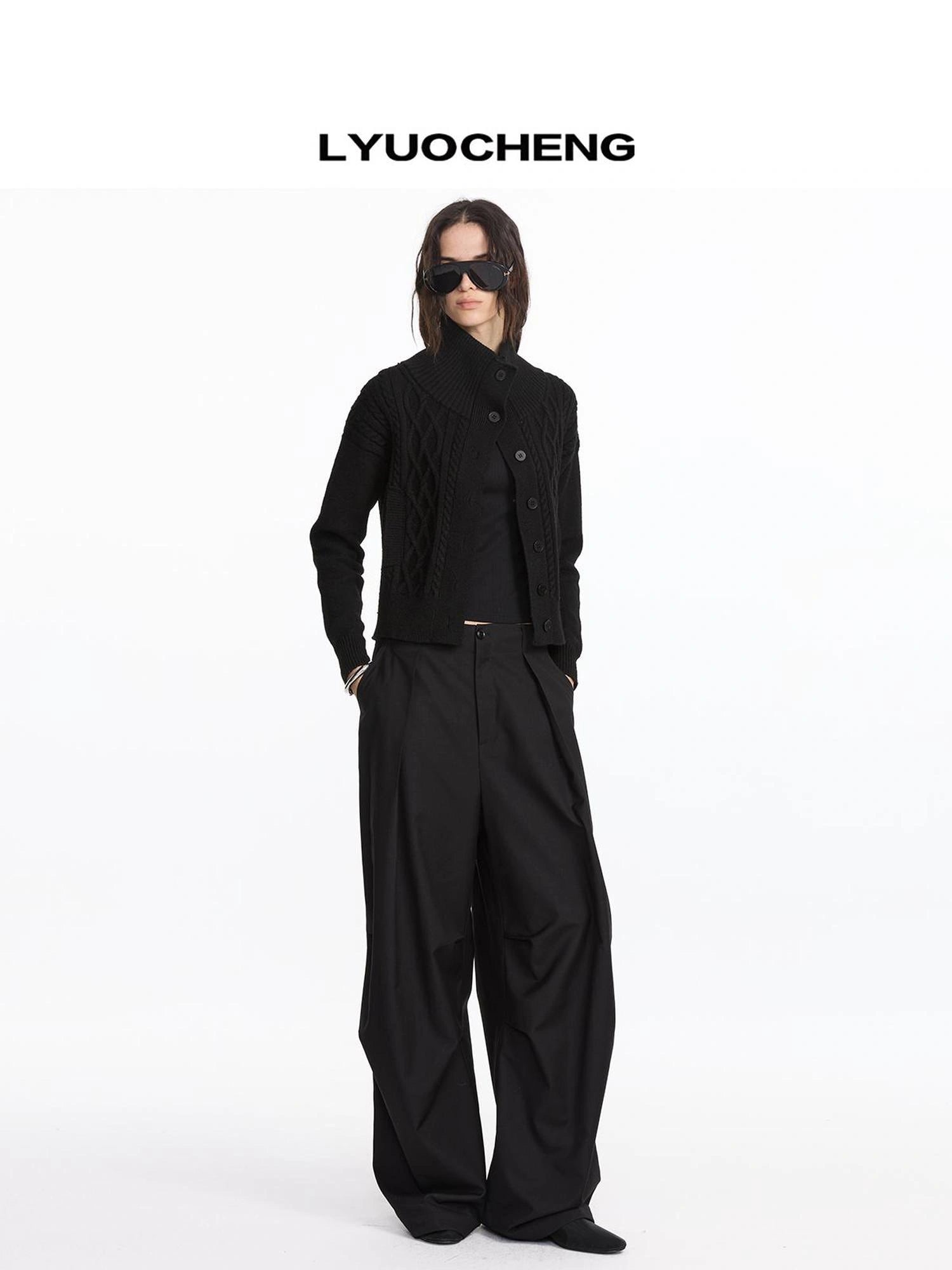 LYUOCHENG Vintage Cable Knit Stand Collar Cardigan