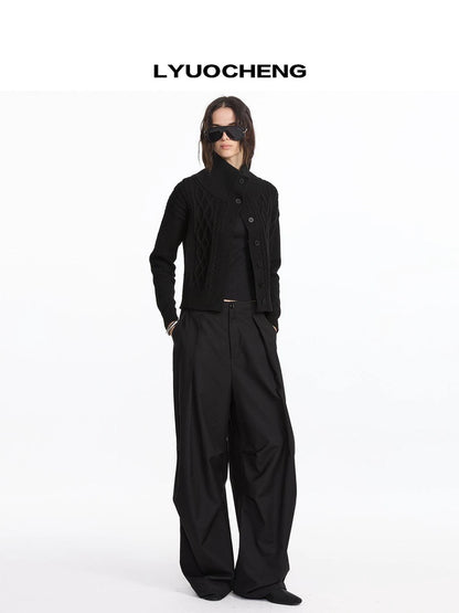 LYUOCHENG Vintage Cable Knit Stand Collar Cardigan