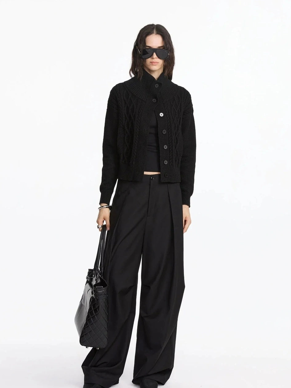 LYUOCHENG Vintage Cable Knit Stand Collar Cardigan