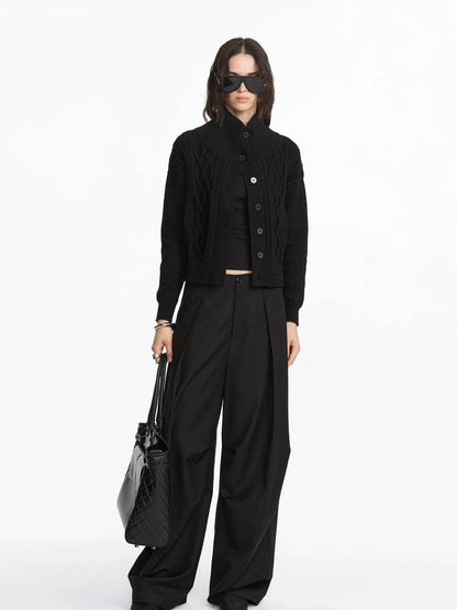 LYUOCHENG Vintage Cable Knit Stand Collar Cardigan