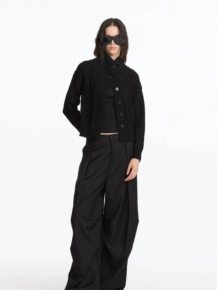 LYUOCHENG Vintage Cable Knit Stand Collar Cardigan