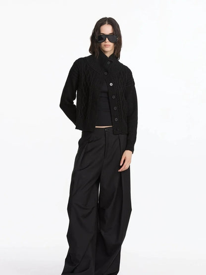 LYUOCHENG Vintage Cable Knit Stand Collar Cardigan