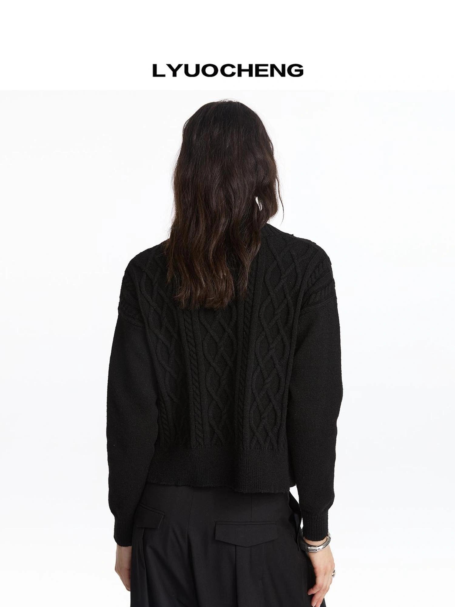 LYUOCHENG Vintage Cable Knit Stand Collar Cardigan