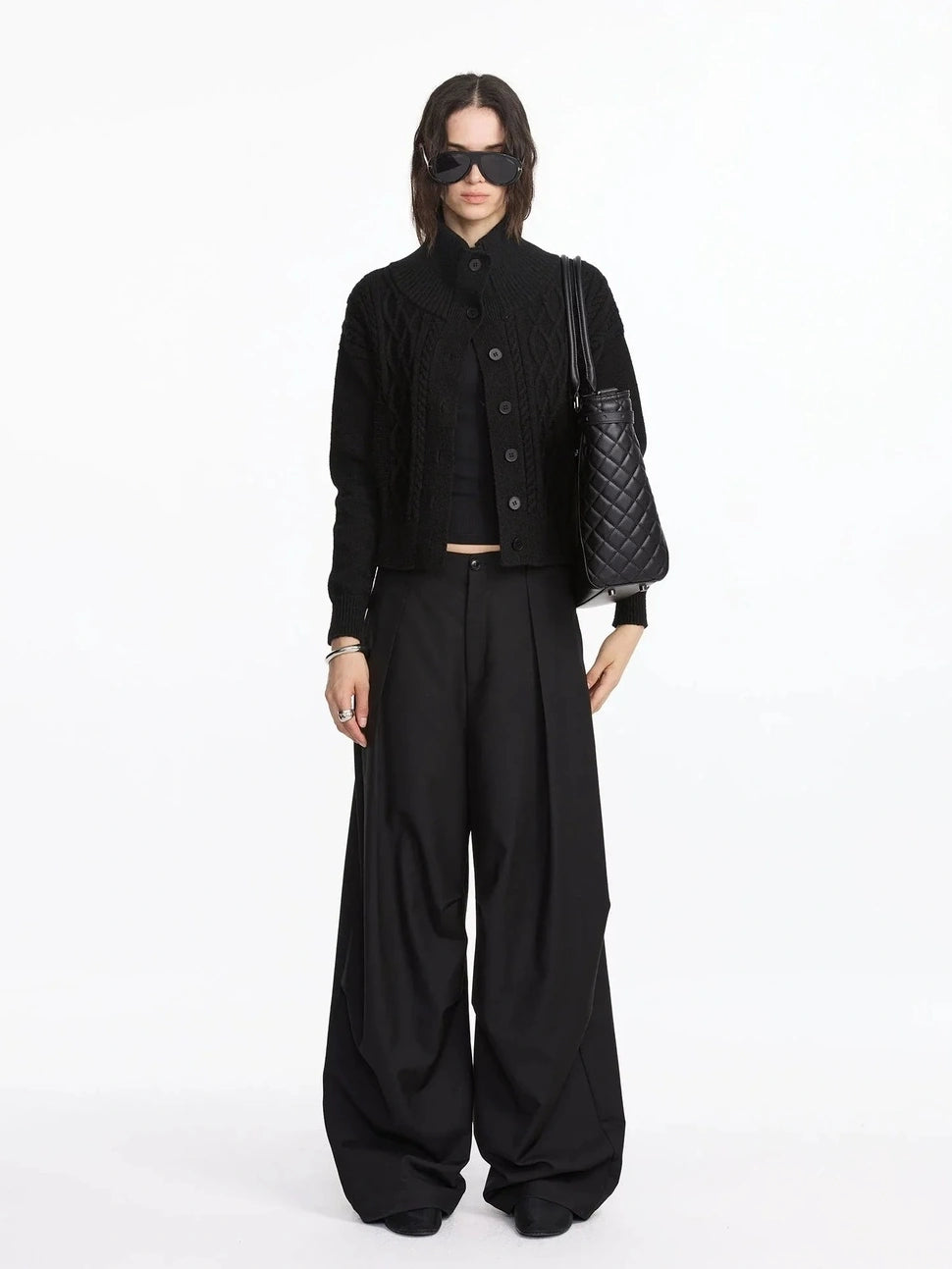 LYUOCHENG Vintage Cable Knit Stand Collar Cardigan