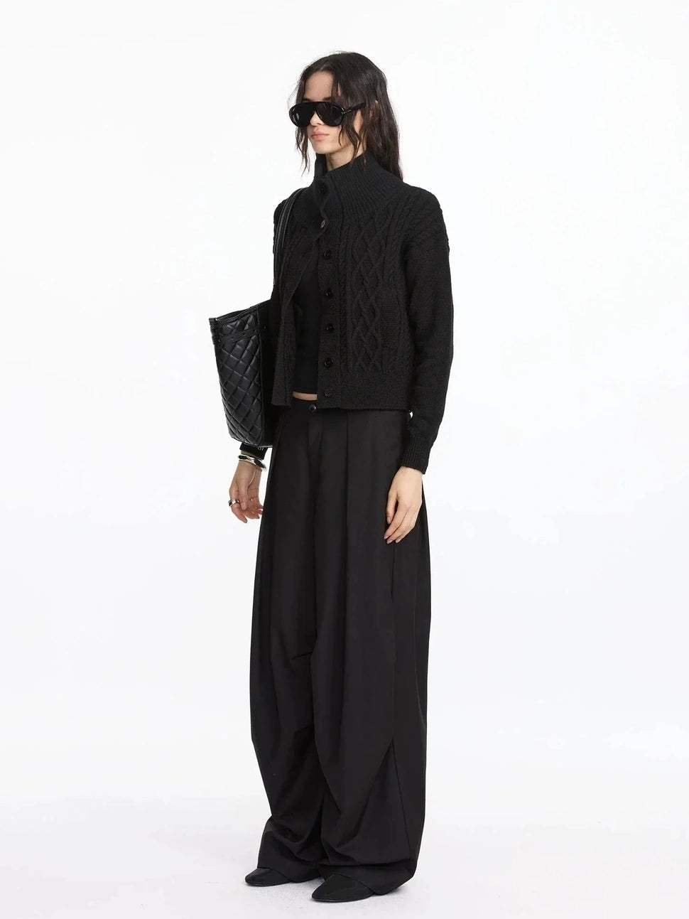 LYUOCHENG Vintage Cable Knit Stand Collar Cardigan