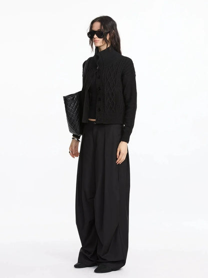 LYUOCHENG Vintage Cable Knit Stand Collar Cardigan