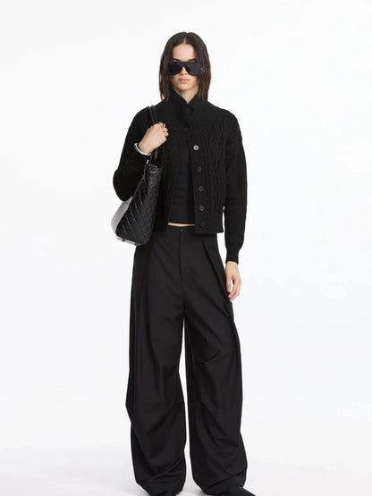 LYUOCHENG Vintage Cable Knit Stand Collar Cardigan