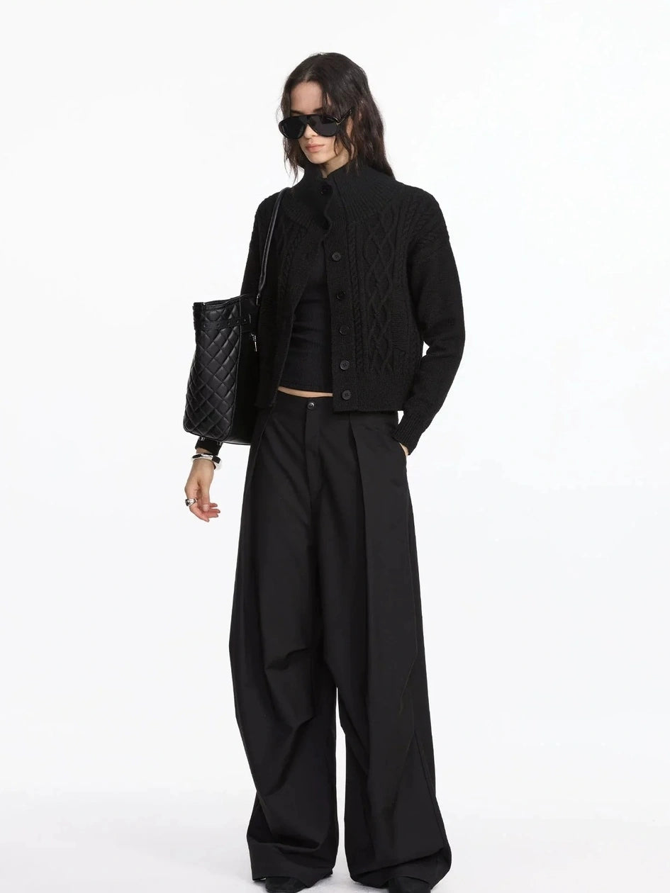 LYUOCHENG Vintage Cable Knit Stand Collar Cardigan