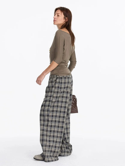 LYUOCHENG Vintage Check Wide Leg Trousers