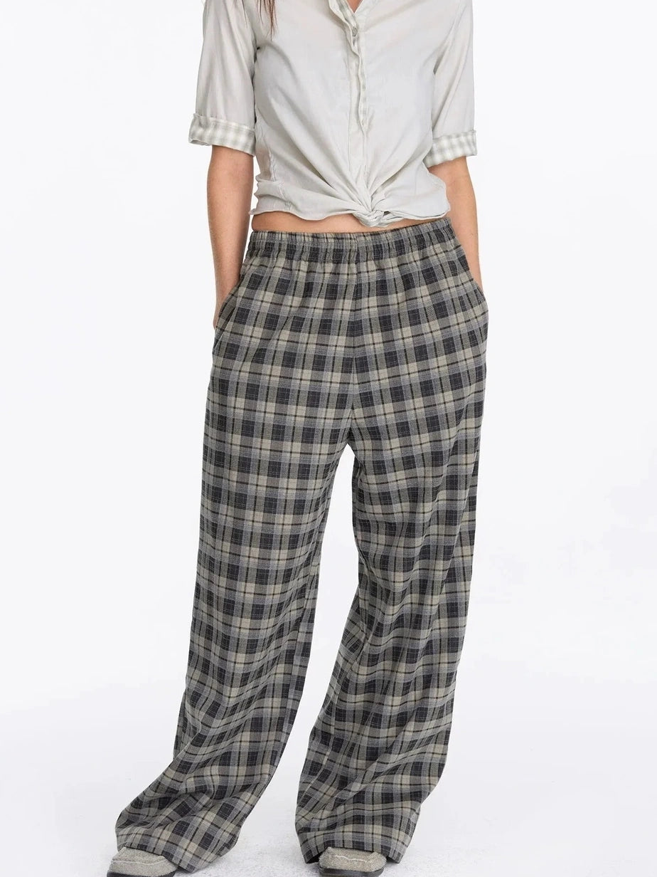 LYUOCHENG Vintage Check Wide Leg Trousers