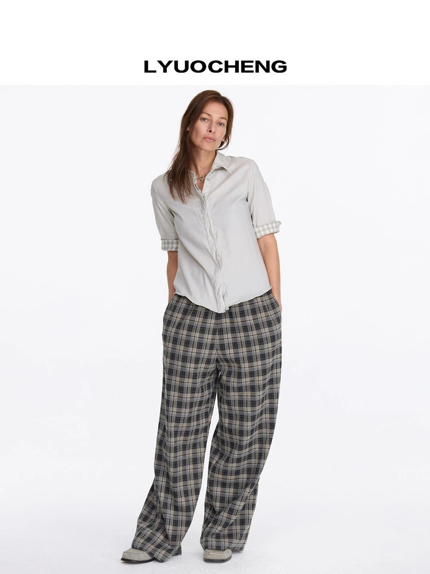 LYUOCHENG Vintage Check Wide Leg Trousers