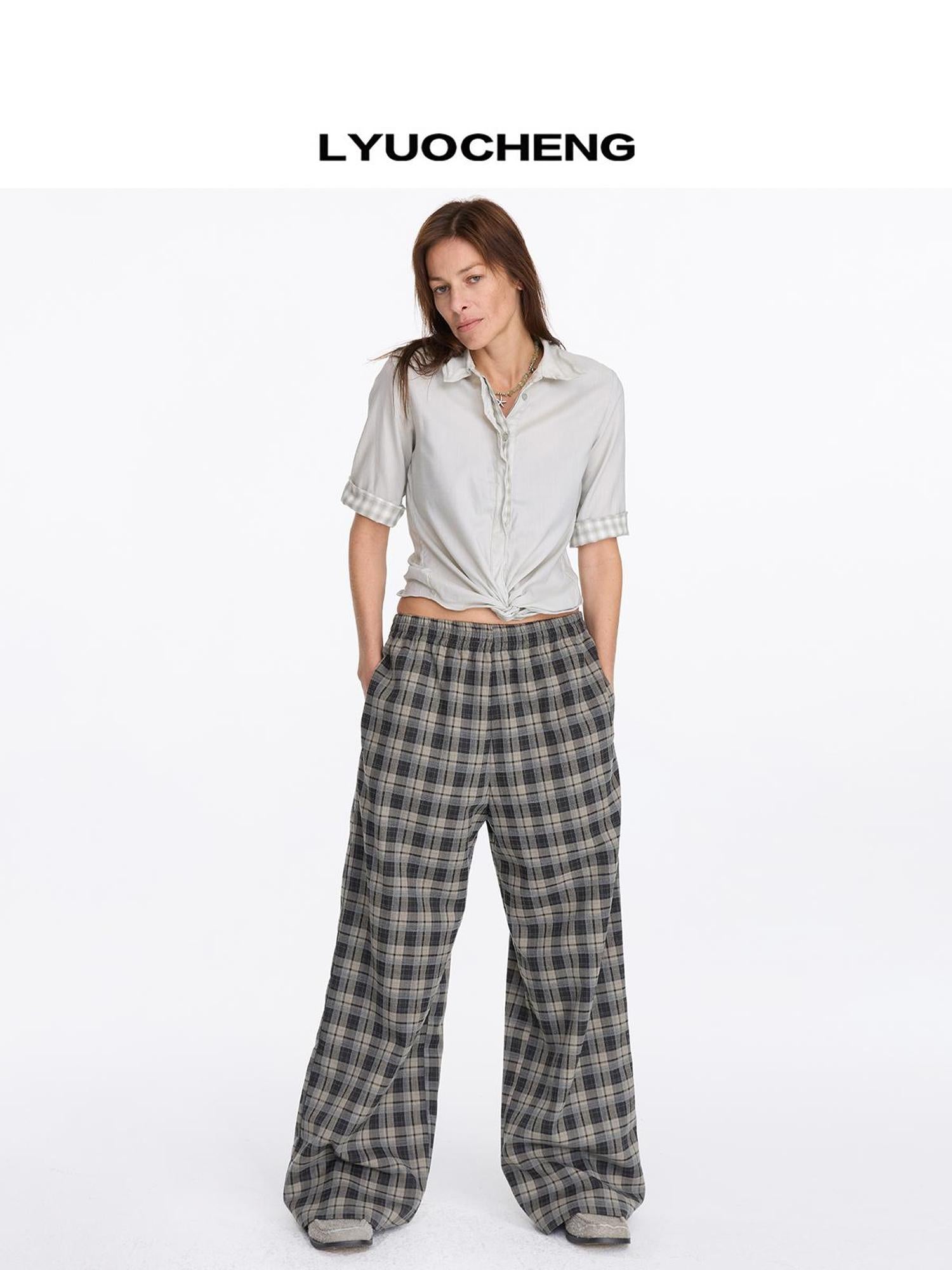 LYUOCHENG Vintage Checkered Relaxed Trousers