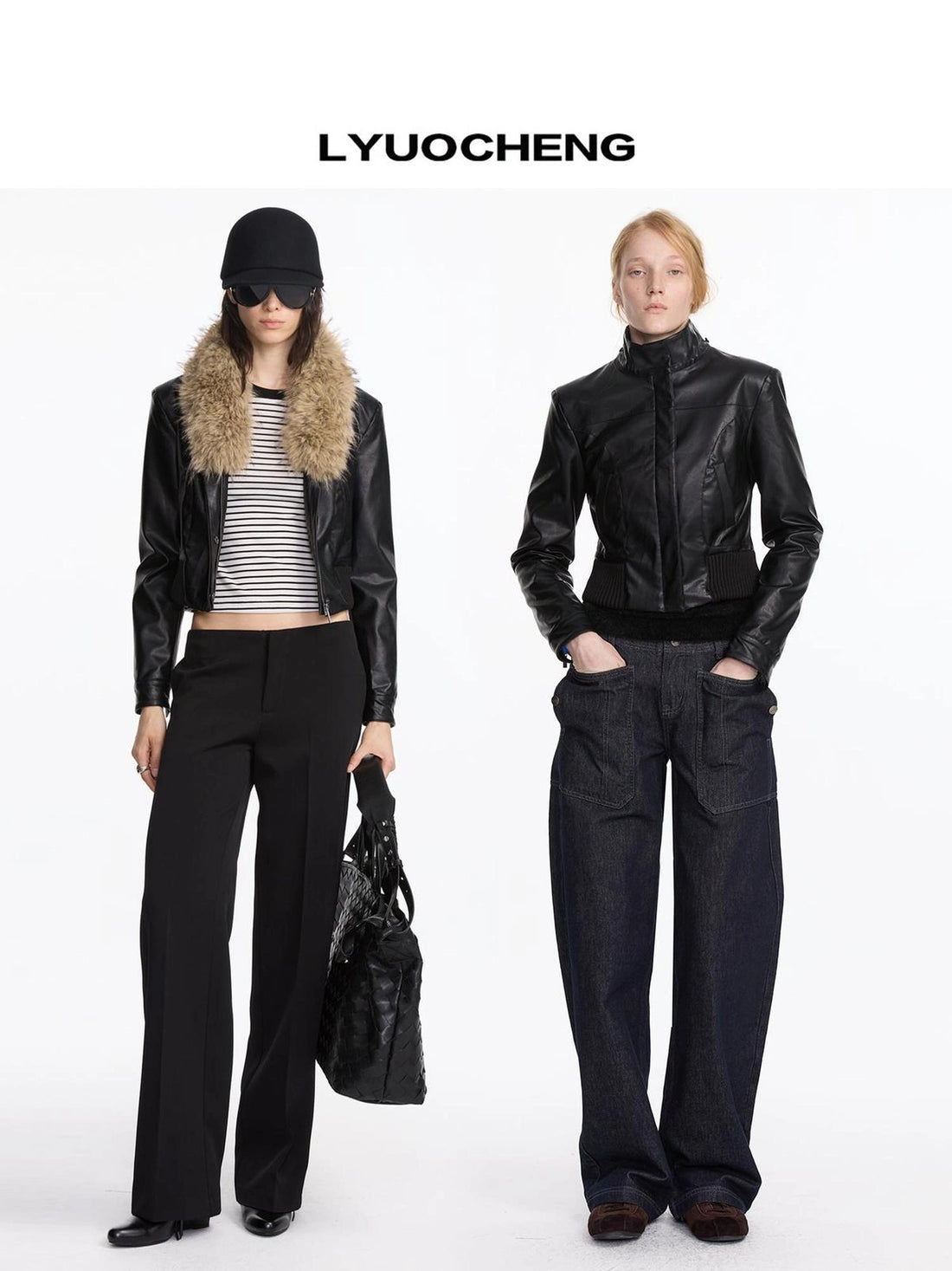 LYUOCHENG Vintage Detachable Fox Fur Collar Cropped Leather Jacket