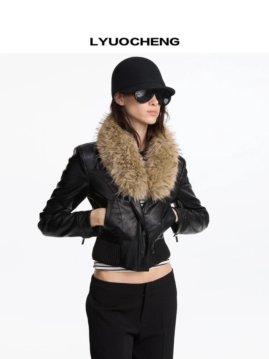 LYUOCHENG Vintage Detachable Fox Fur Collar Cropped Leather Jacket