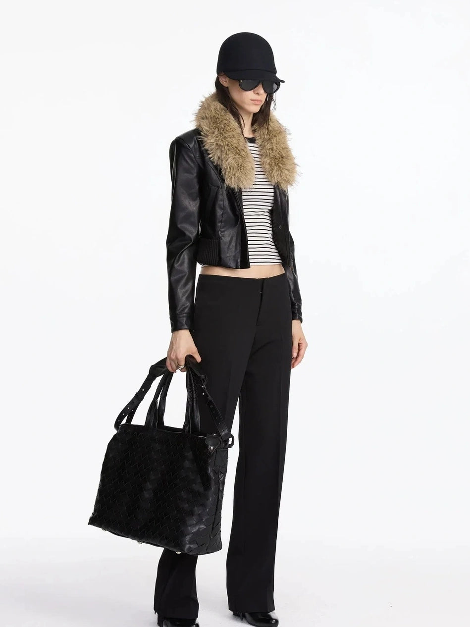 LYUOCHENG Vintage Detachable Fox Fur Collar Cropped Leather Jacket