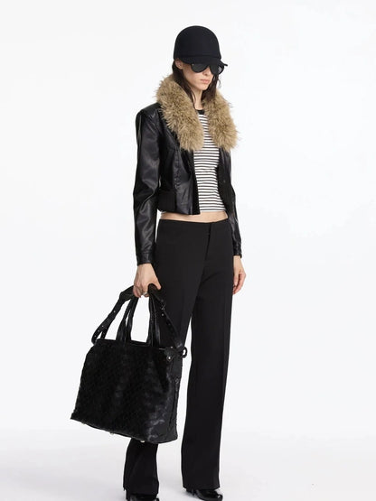 LYUOCHENG Vintage Detachable Fox Fur Collar Cropped Leather Jacket