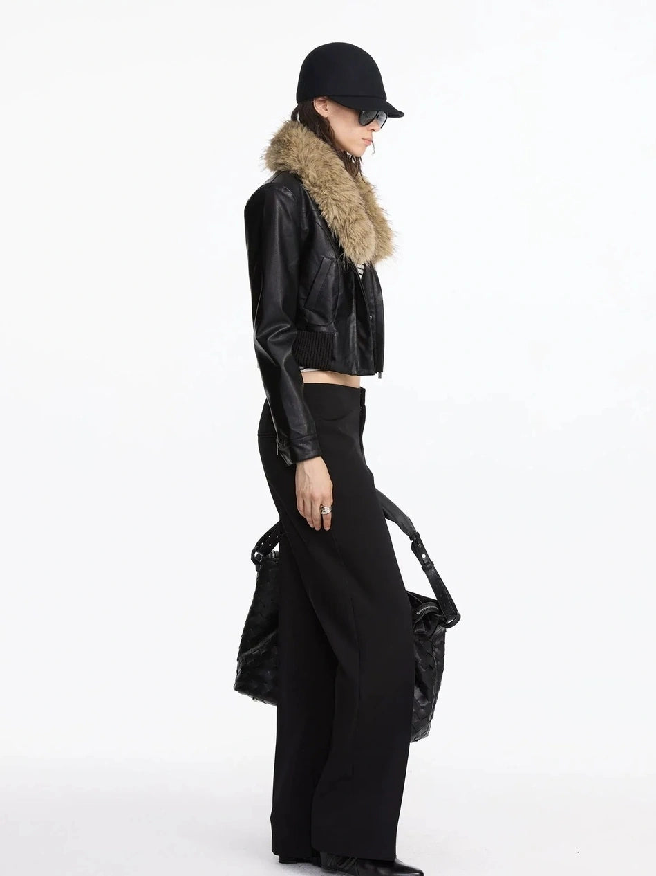 LYUOCHENG Vintage Detachable Fox Fur Collar Cropped Leather Jacket
