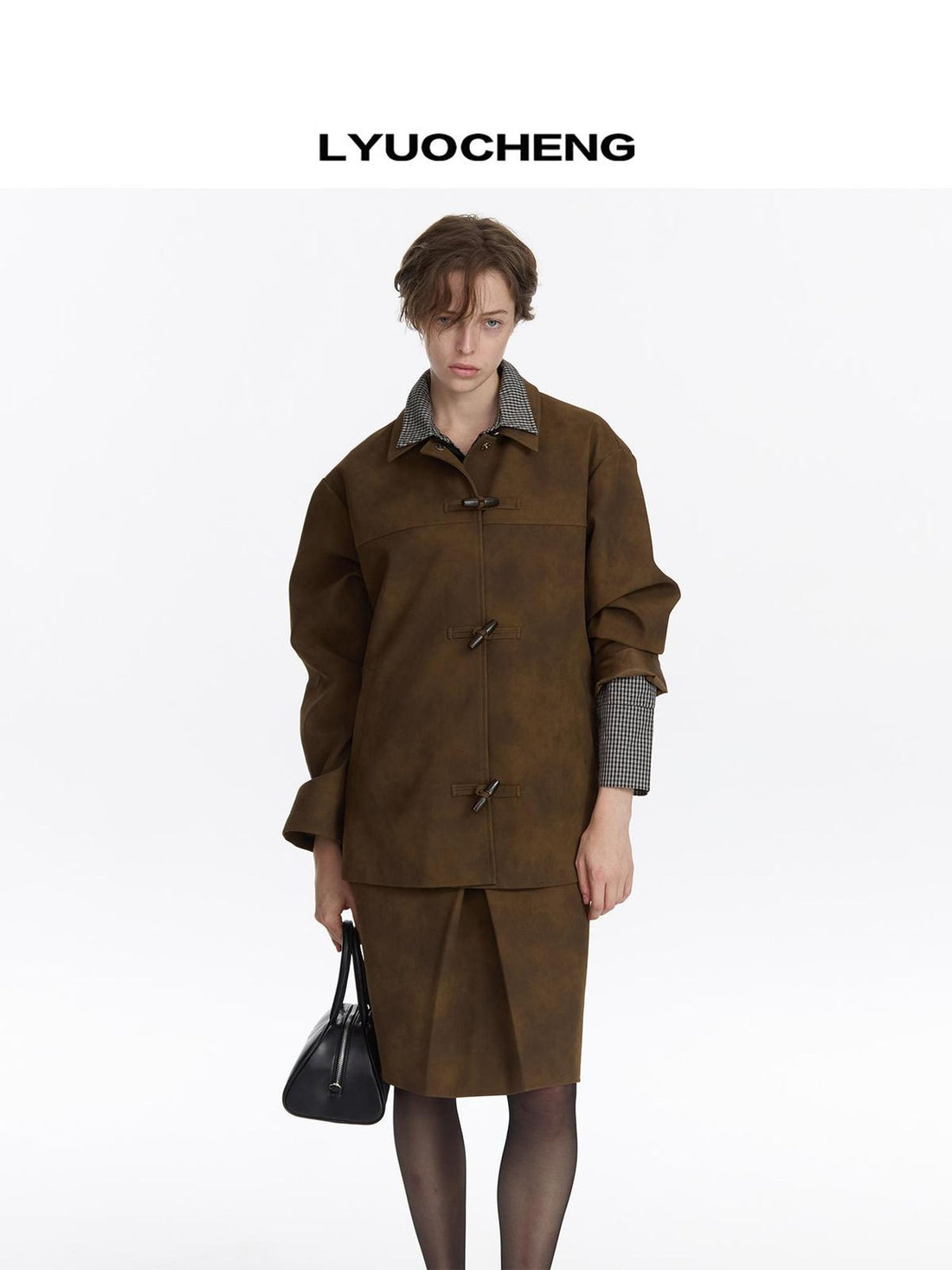 LYUOCHENG Vintage Distressed Leather Drop Shoulder Coat