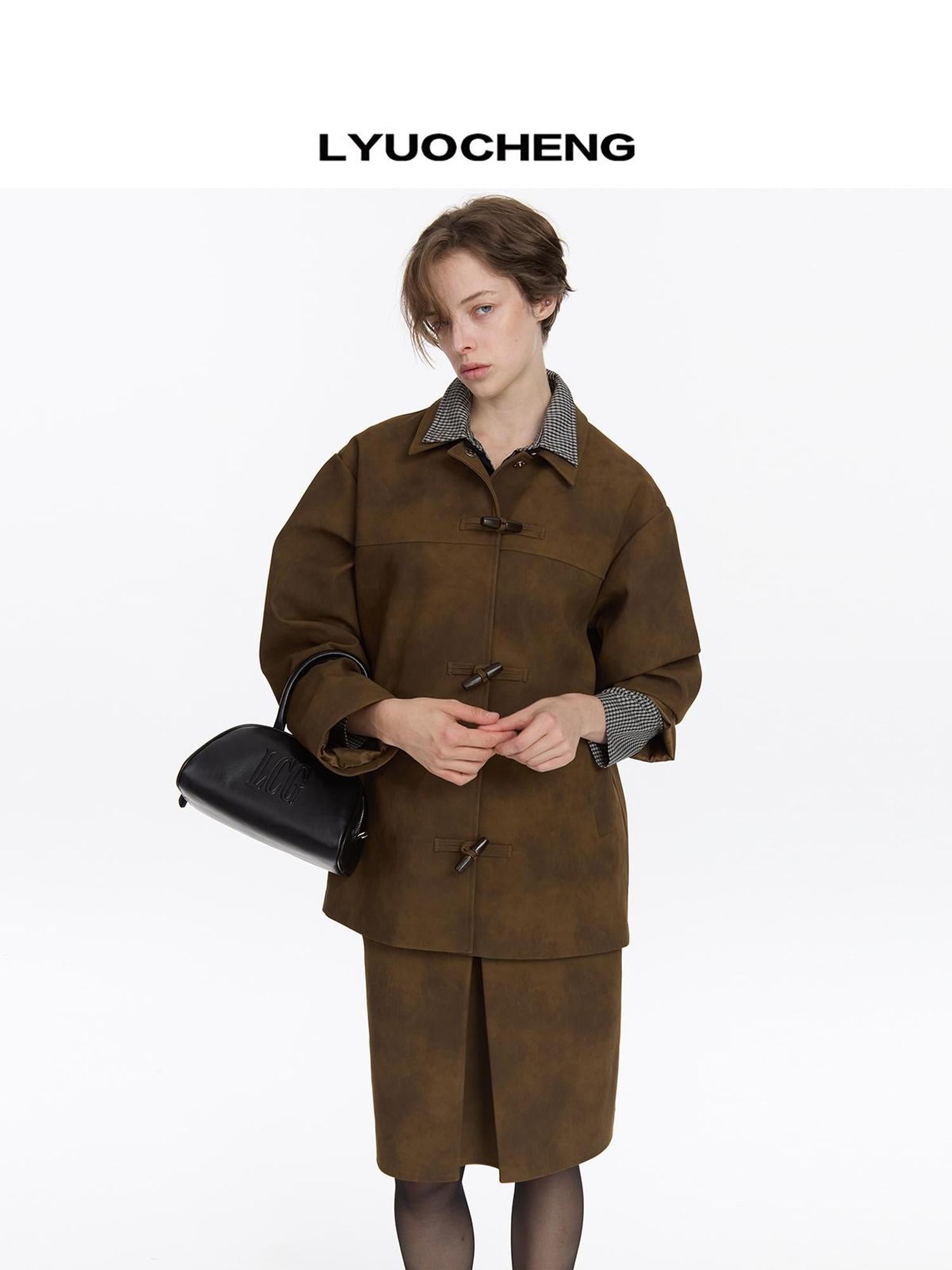 LYUOCHENG Vintage Distressed Leather Drop Shoulder Coat