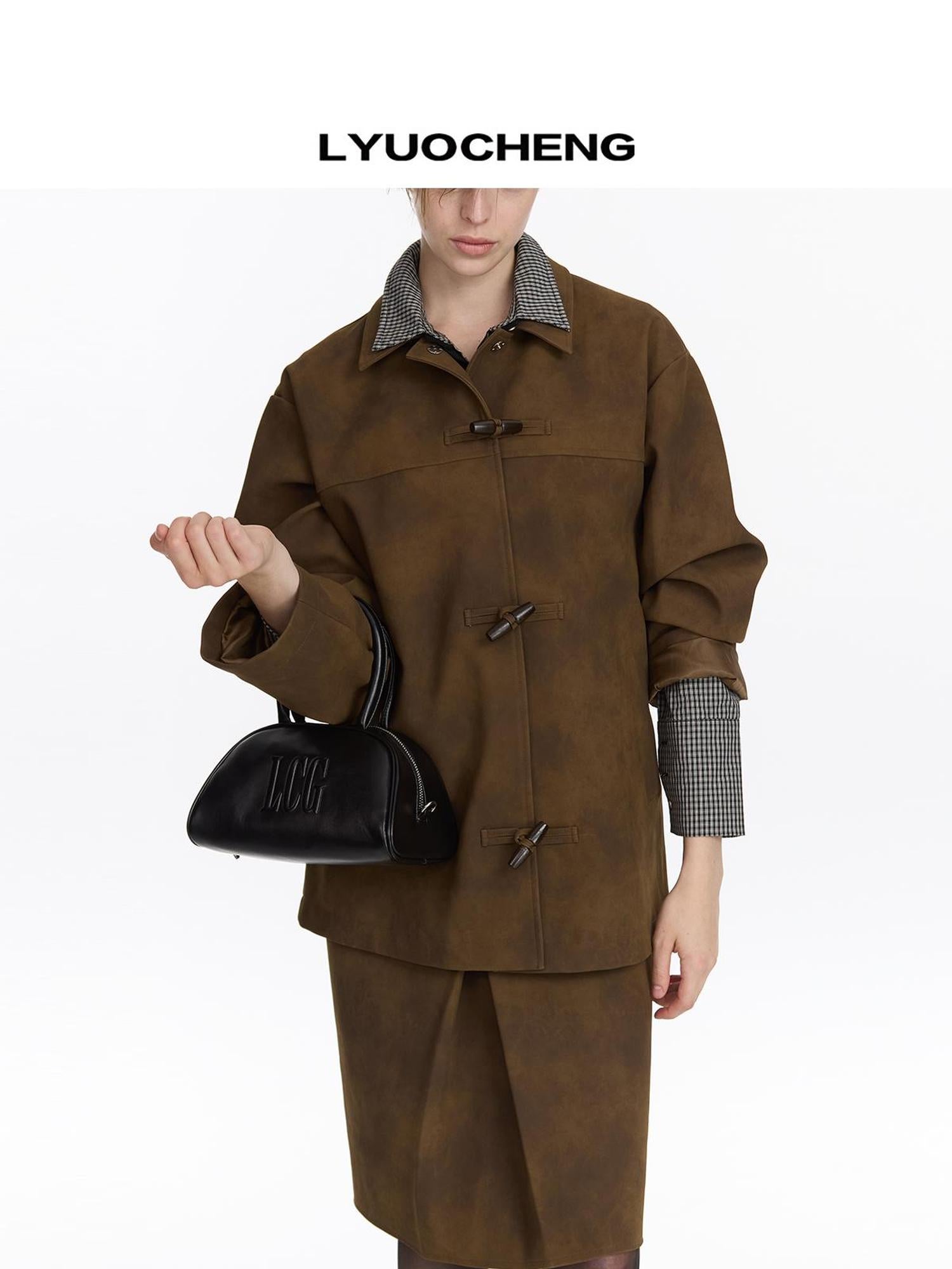 LYUOCHENG Vintage Distressed Leather Drop Shoulder Coat