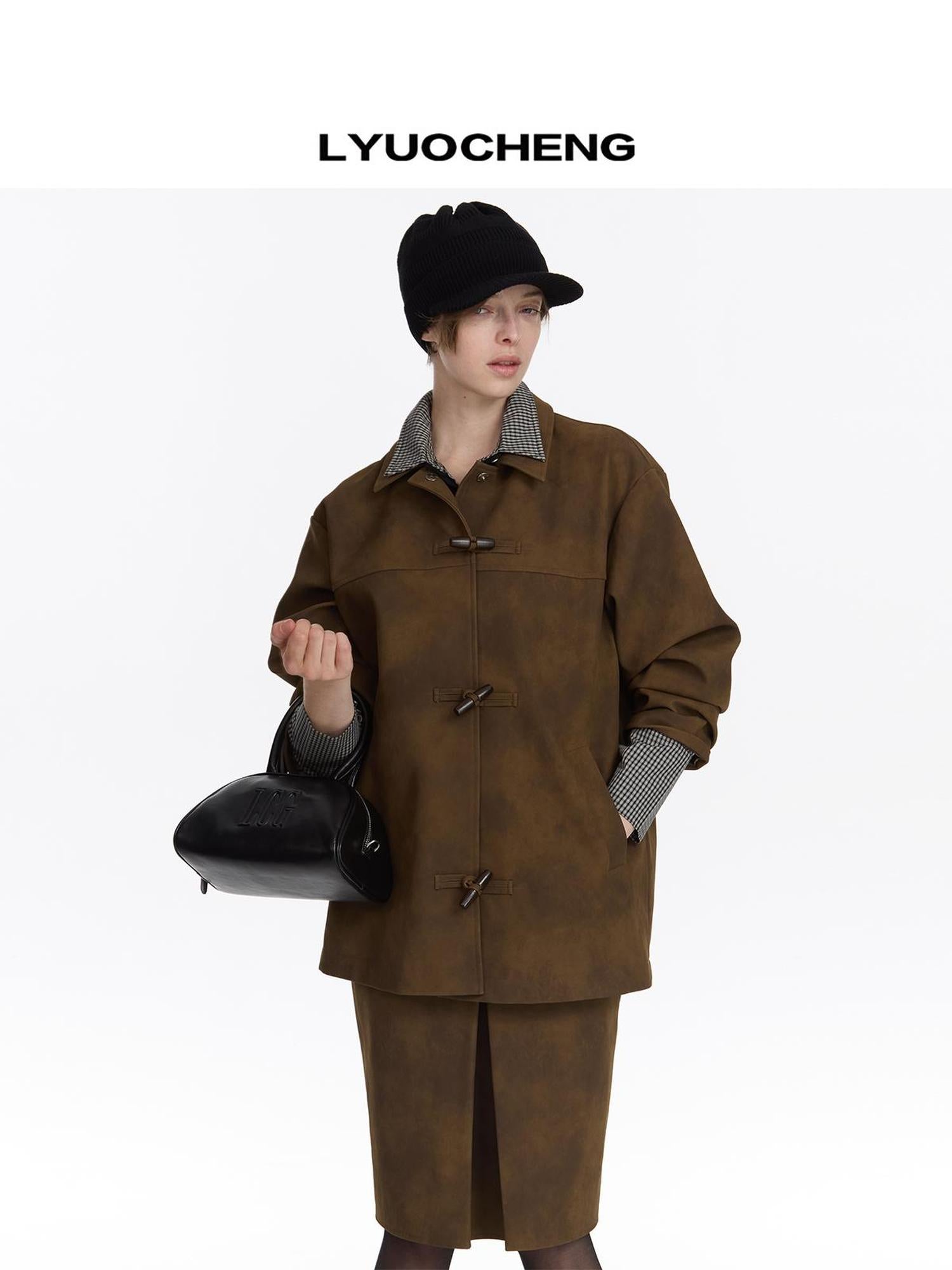 LYUOCHENG Vintage Distressed Leather Drop Shoulder Coat