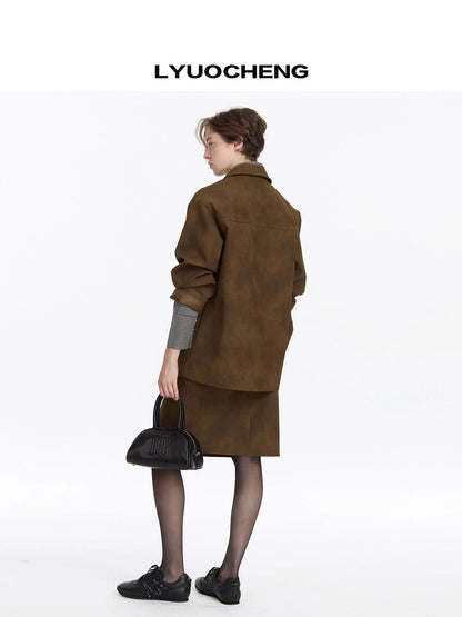 LYUOCHENG Vintage Distressed Pu Leather Button Coat