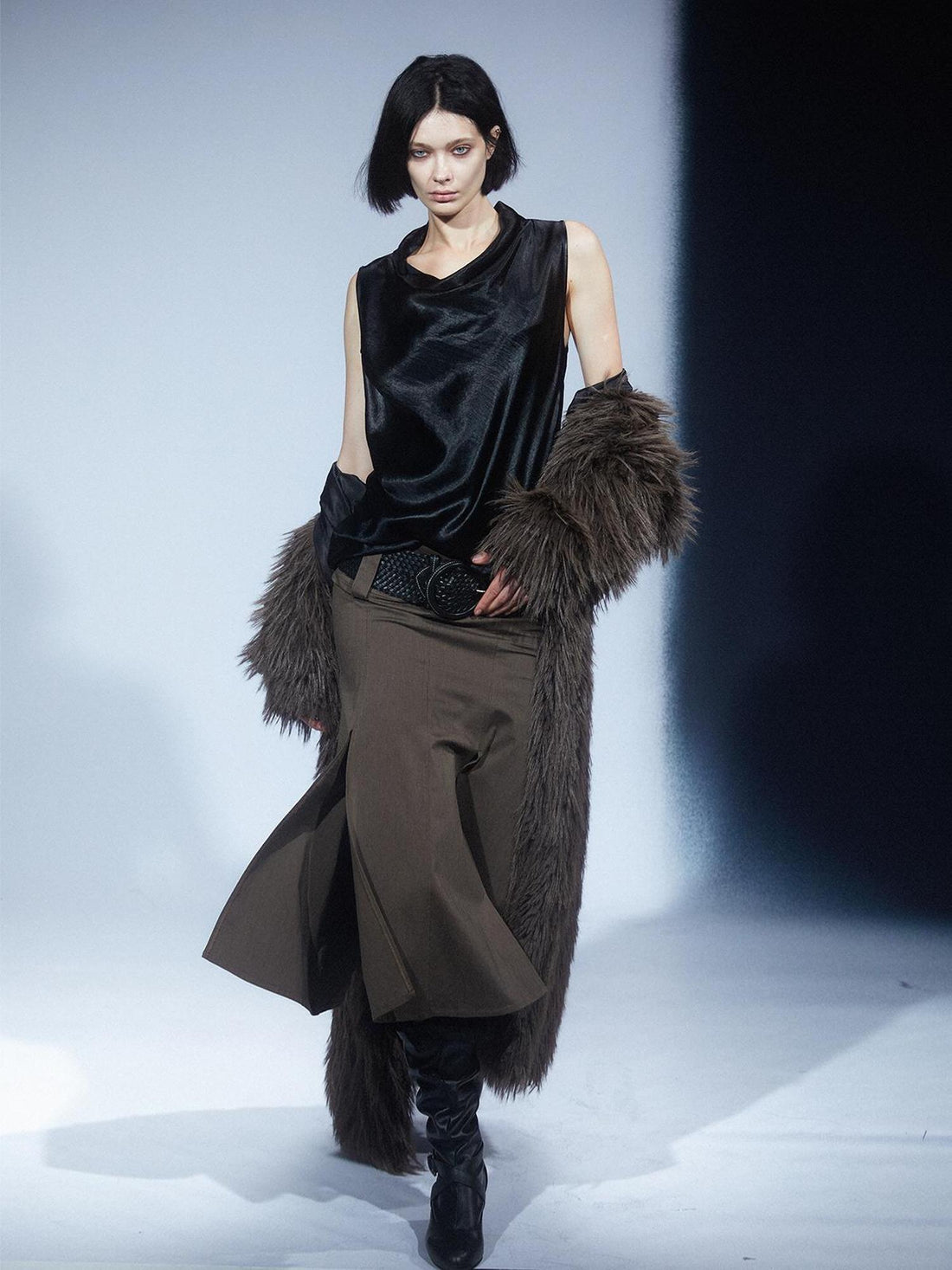 LYUOCHENG Vintage Eco Fur Long Coat Grey Brown