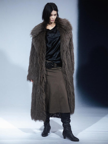 LYUOCHENG Vintage Eco Fur Long Coat Grey Brown