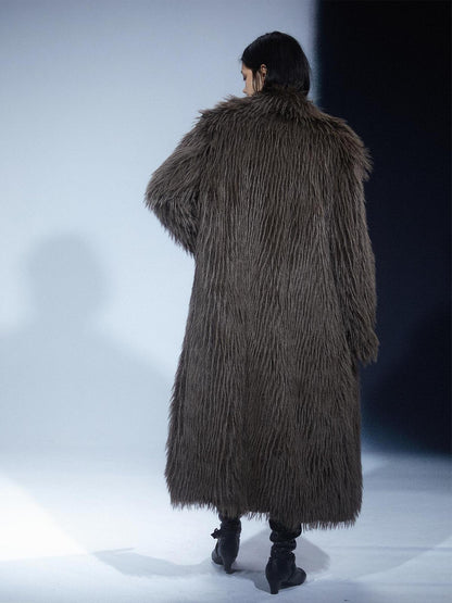 LYUOCHENG Vintage Eco Fur Long Coat Grey Brown