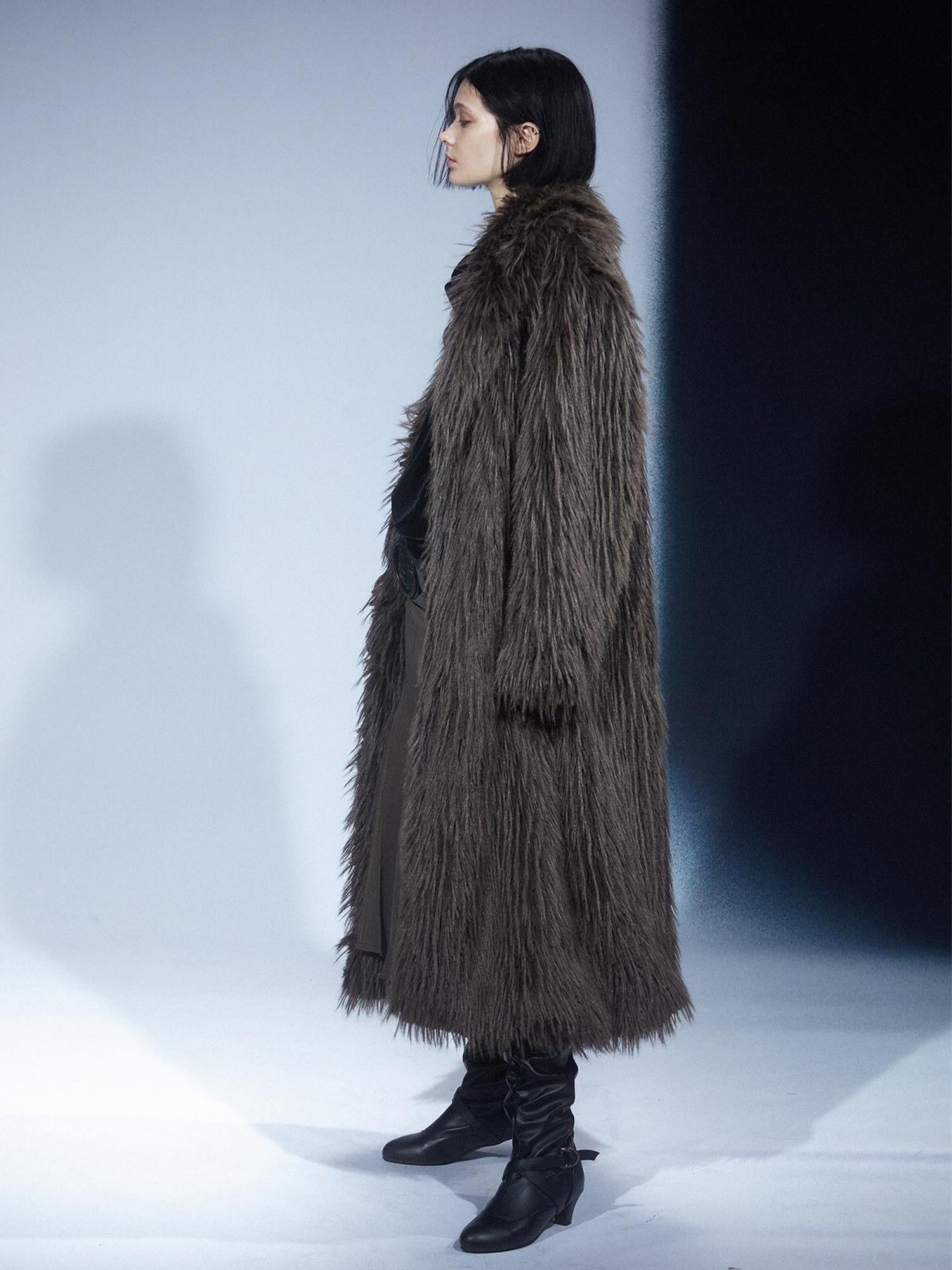 LYUOCHENG Vintage Eco Fur Long Coat Grey Brown