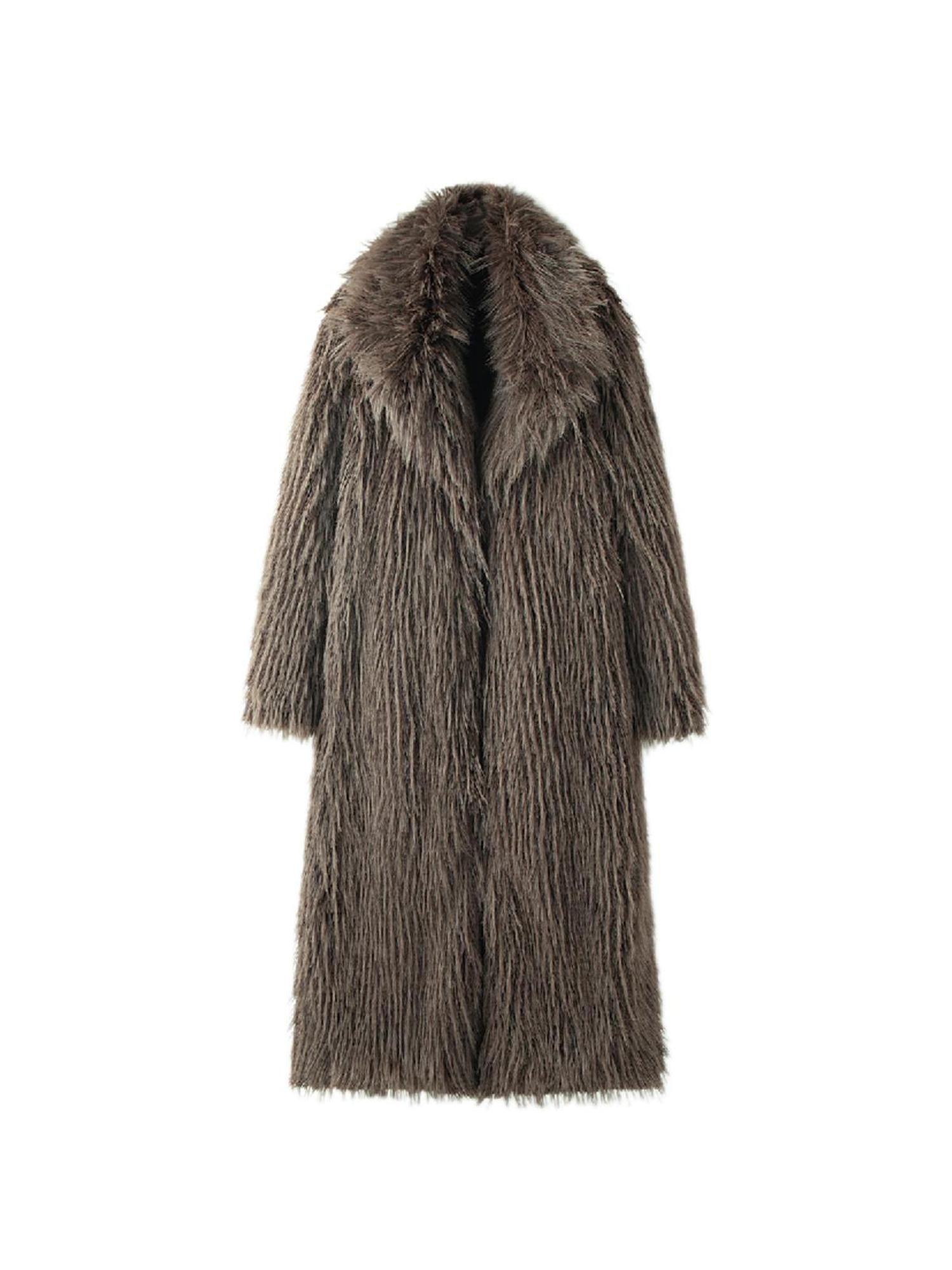 LYUOCHENG Vintage Eco Fur Long Coat Grey Brown