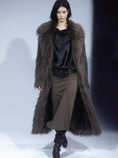 LYUOCHENG Vintage Eco Fur Long Coat Grey Brown