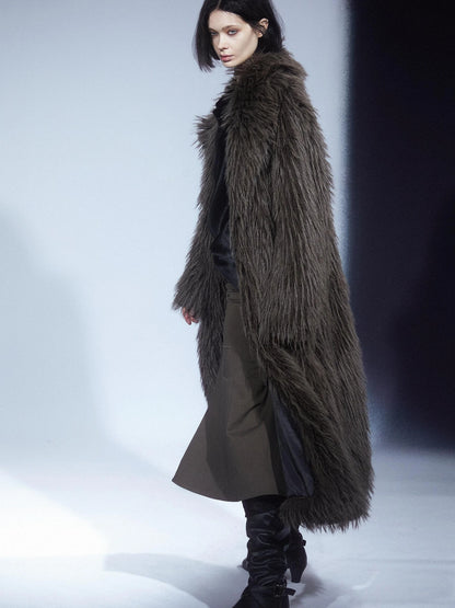 LYUOCHENG Vintage Eco Fur Long Coat Grey Brown