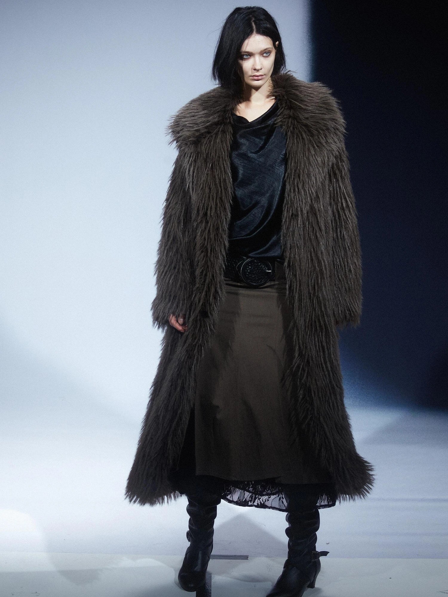LYUOCHENG Vintage Eco Fur Long Coat Grey Brown