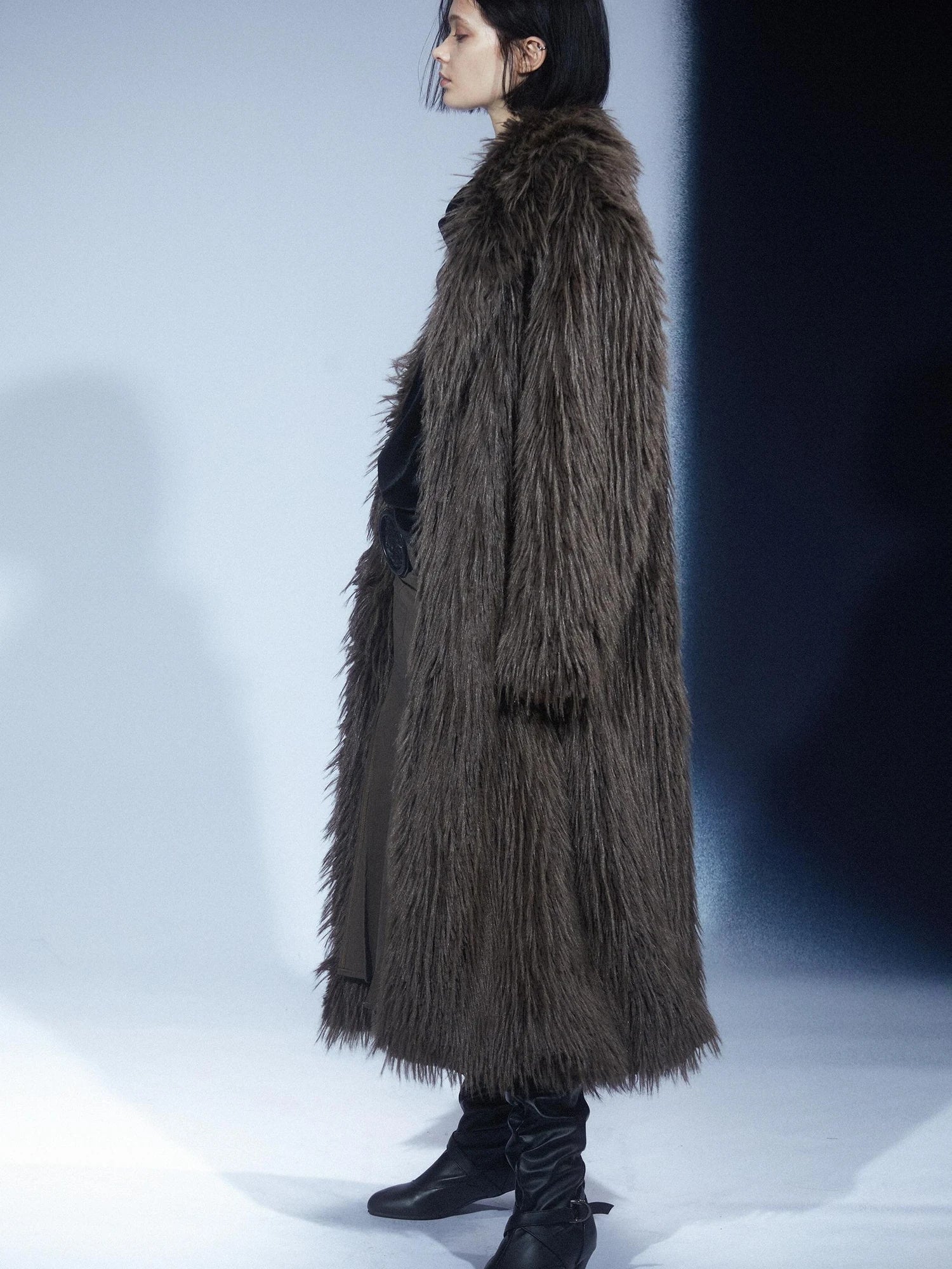 LYUOCHENG Vintage Eco Fur Long Coat Grey Brown