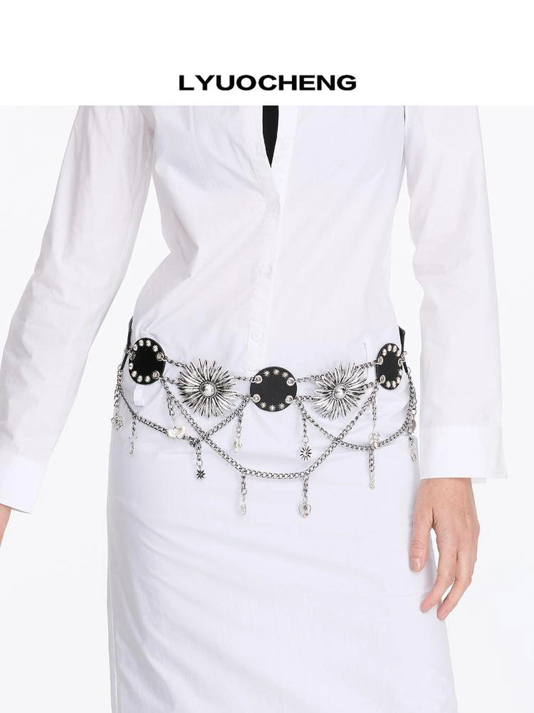 LYUOCHENG Vintage Flower Chain Leather Belt