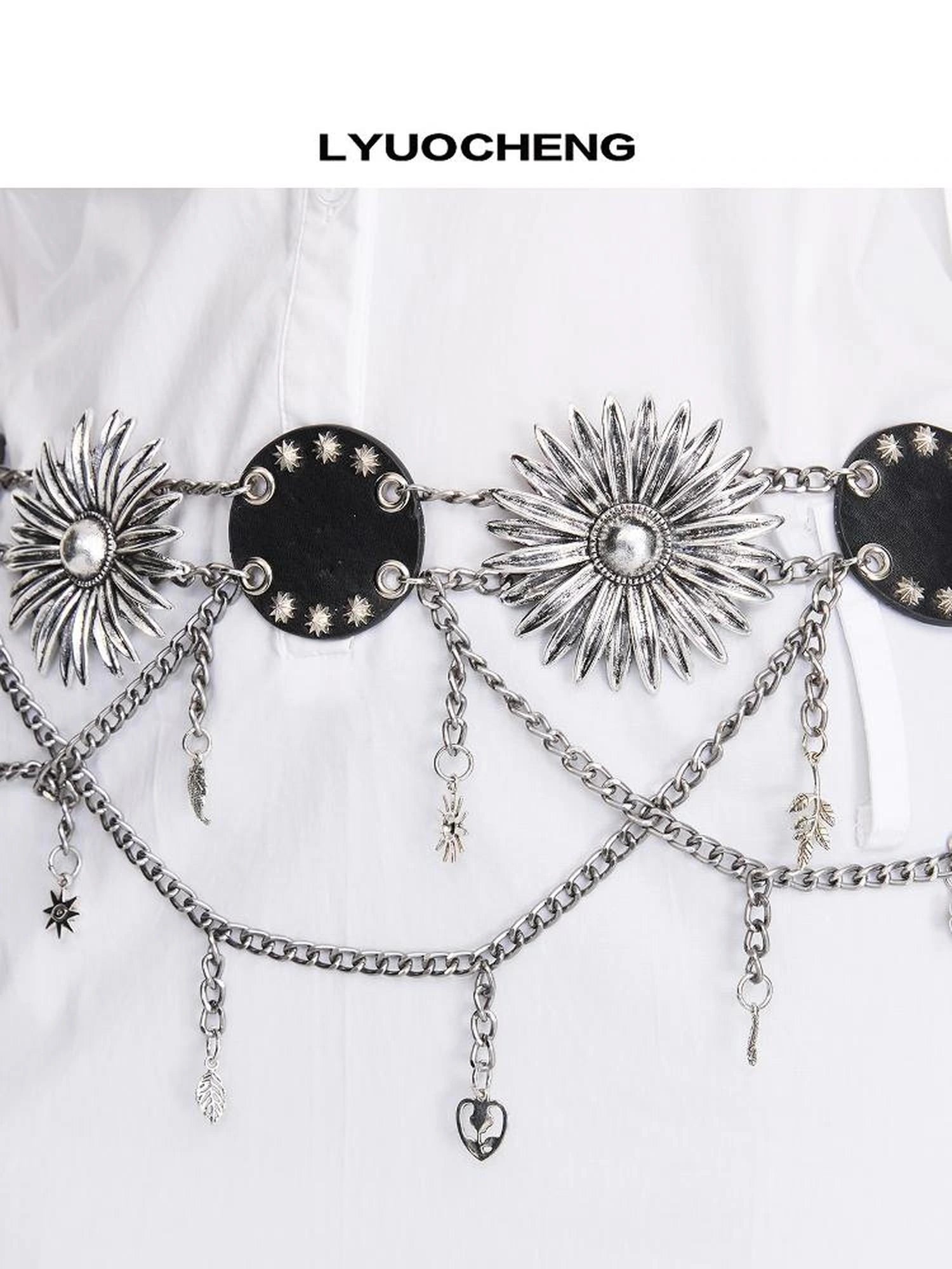 LYUOCHENG Vintage Flower Chain Leather Belt