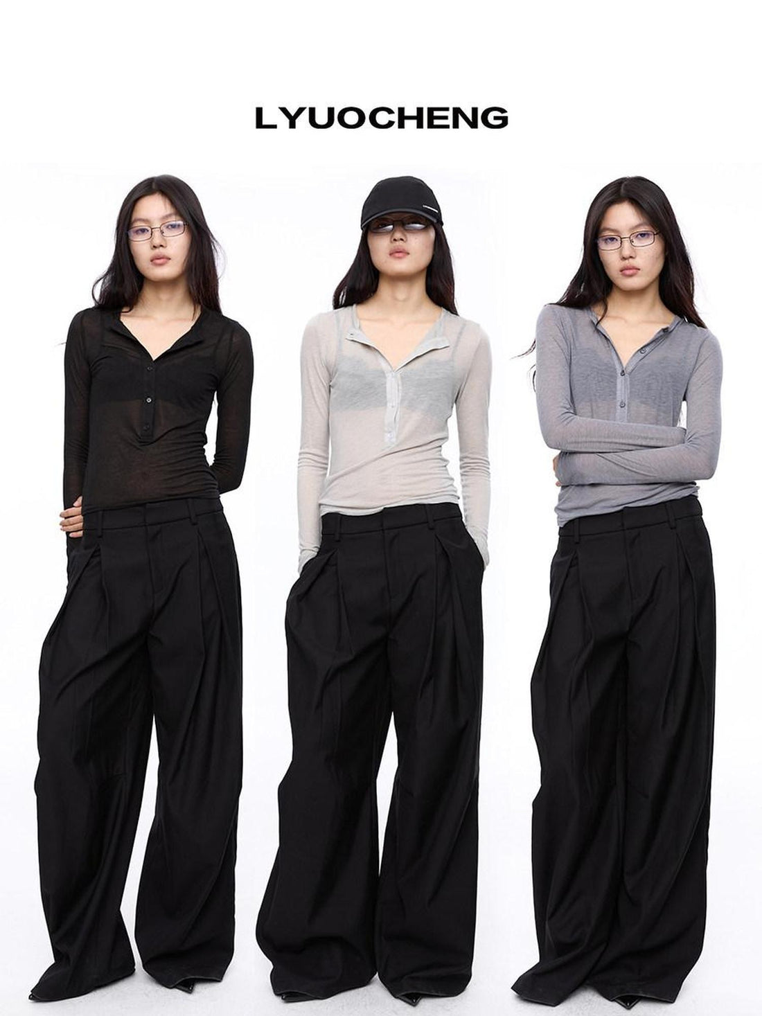 LYUOCHENG Vintage Henley Collar Three Color Women&
