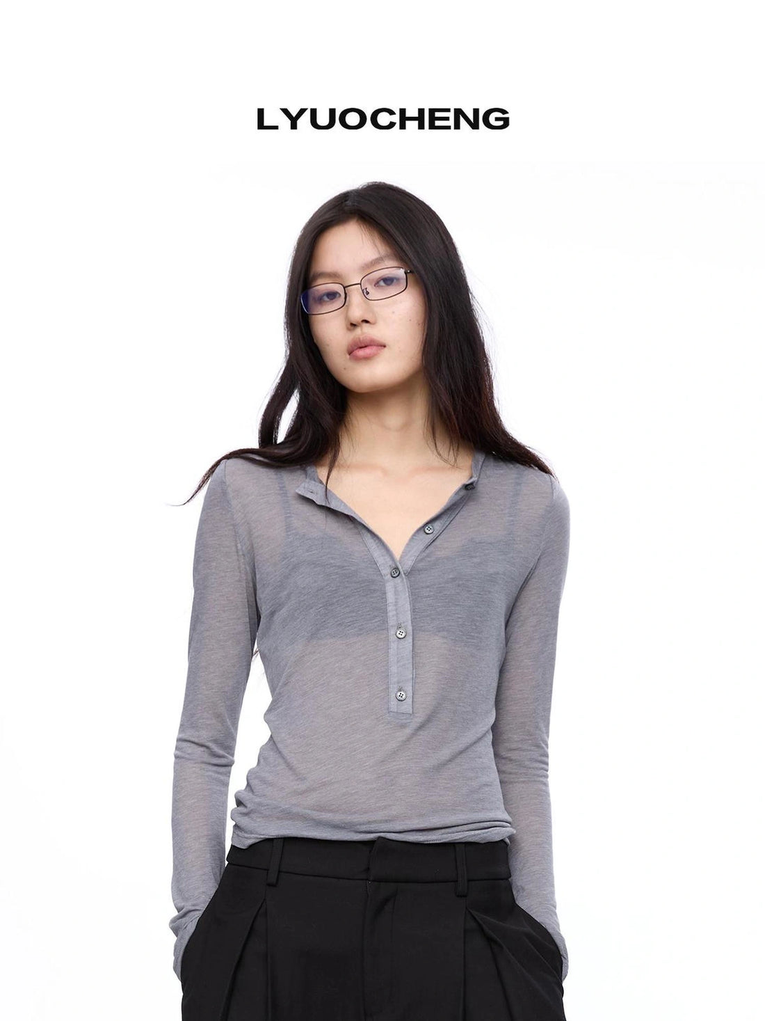 LYUOCHENG Vintage Henley Neck Tencel Blouse