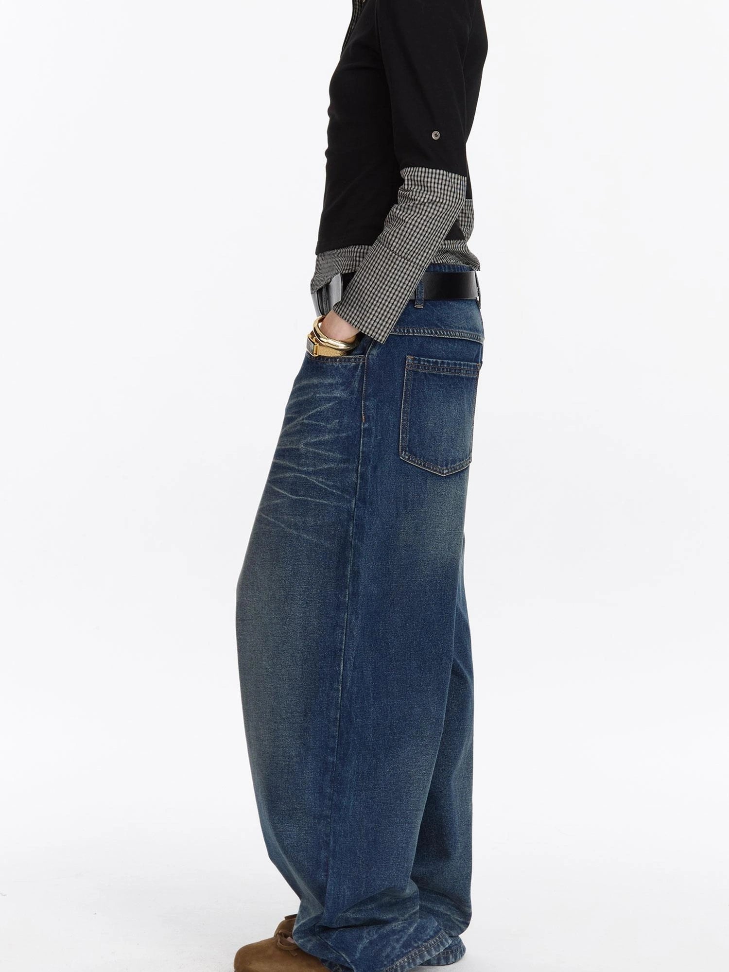 LYUOCHENG Vintage Indigo Washed Low Drop Crotch Jeans