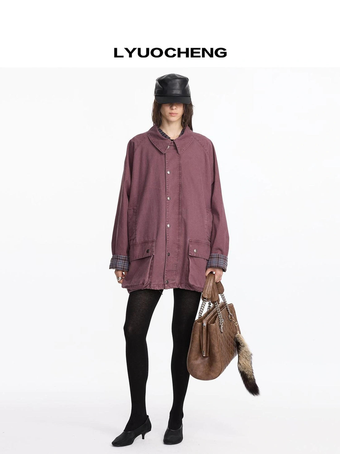 LYUOCHENG Vintage Plaid Washed Work Jacket In Purple