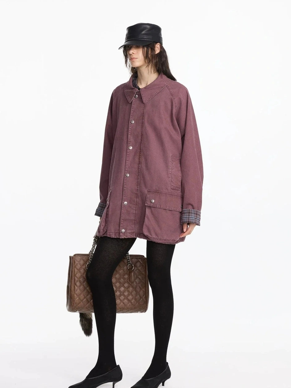 LYUOCHENG Vintage Plaid Washed Work Jacket In Purple