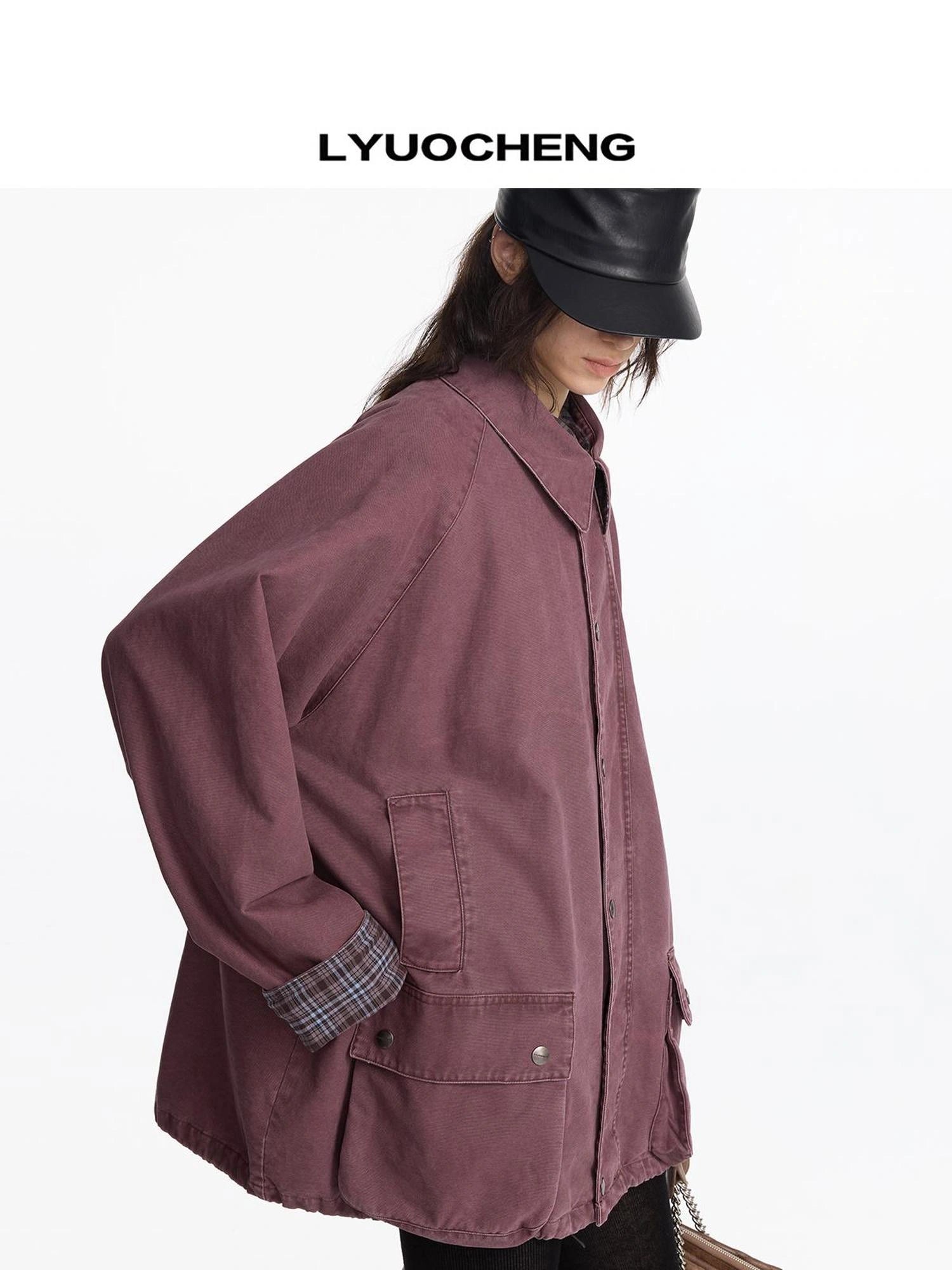 LYUOCHENG Vintage Plaid Washed Work Jacket In Purple