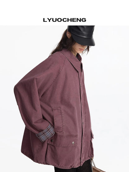 LYUOCHENG Vintage Plaid Washed Work Jacket In Purple