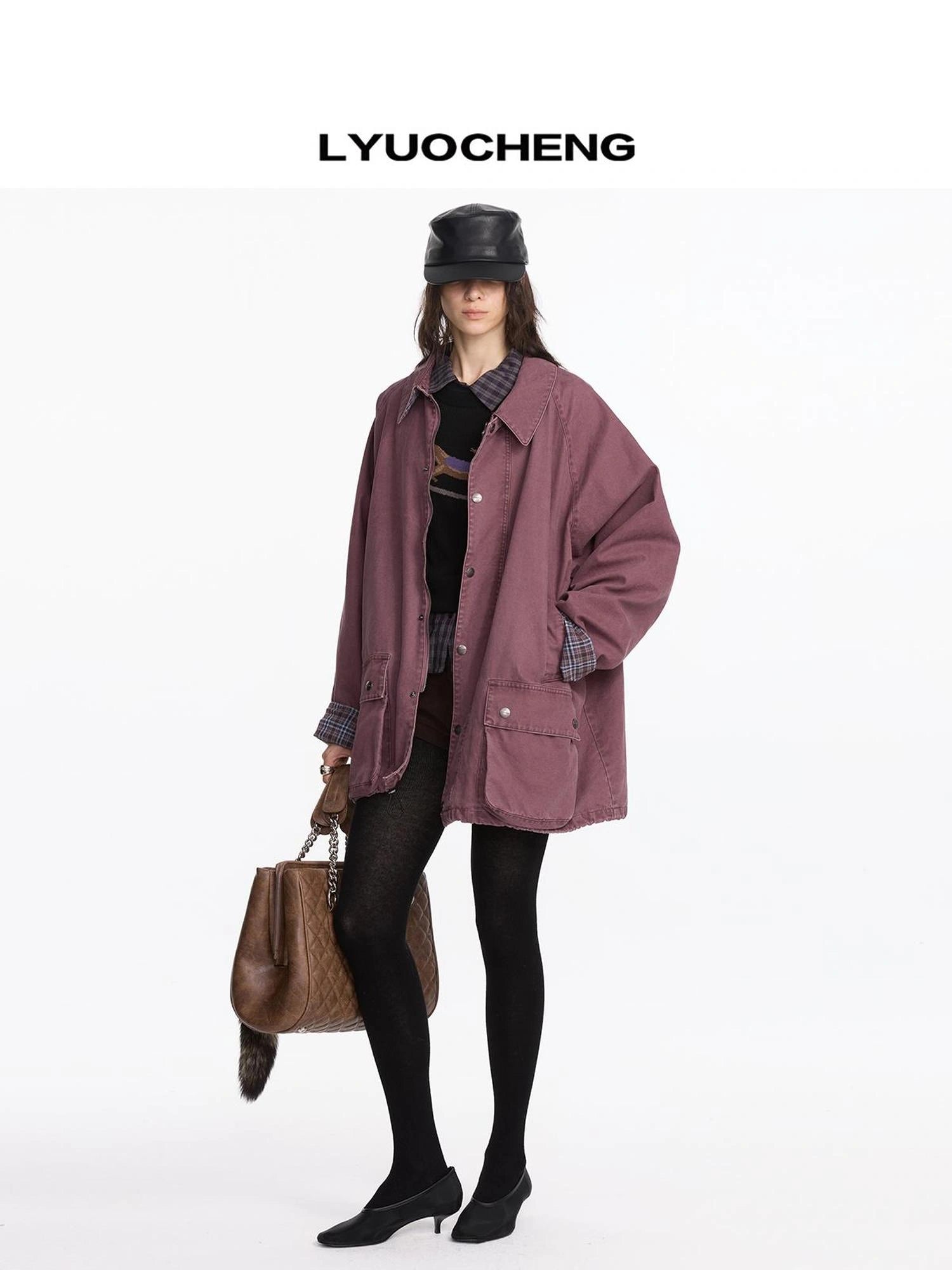 LYUOCHENG Vintage Plaid Washed Work Jacket In Purple