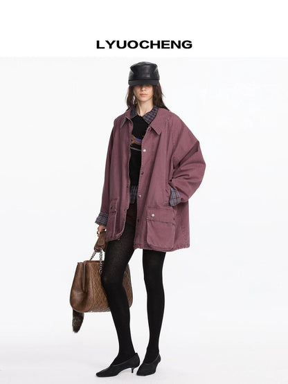 LYUOCHENG Vintage Plaid Washed Work Jacket In Purple