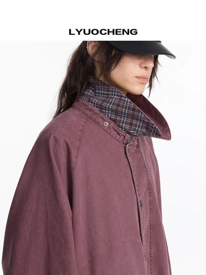 LYUOCHENG Vintage Plaid Washed Work Jacket In Purple